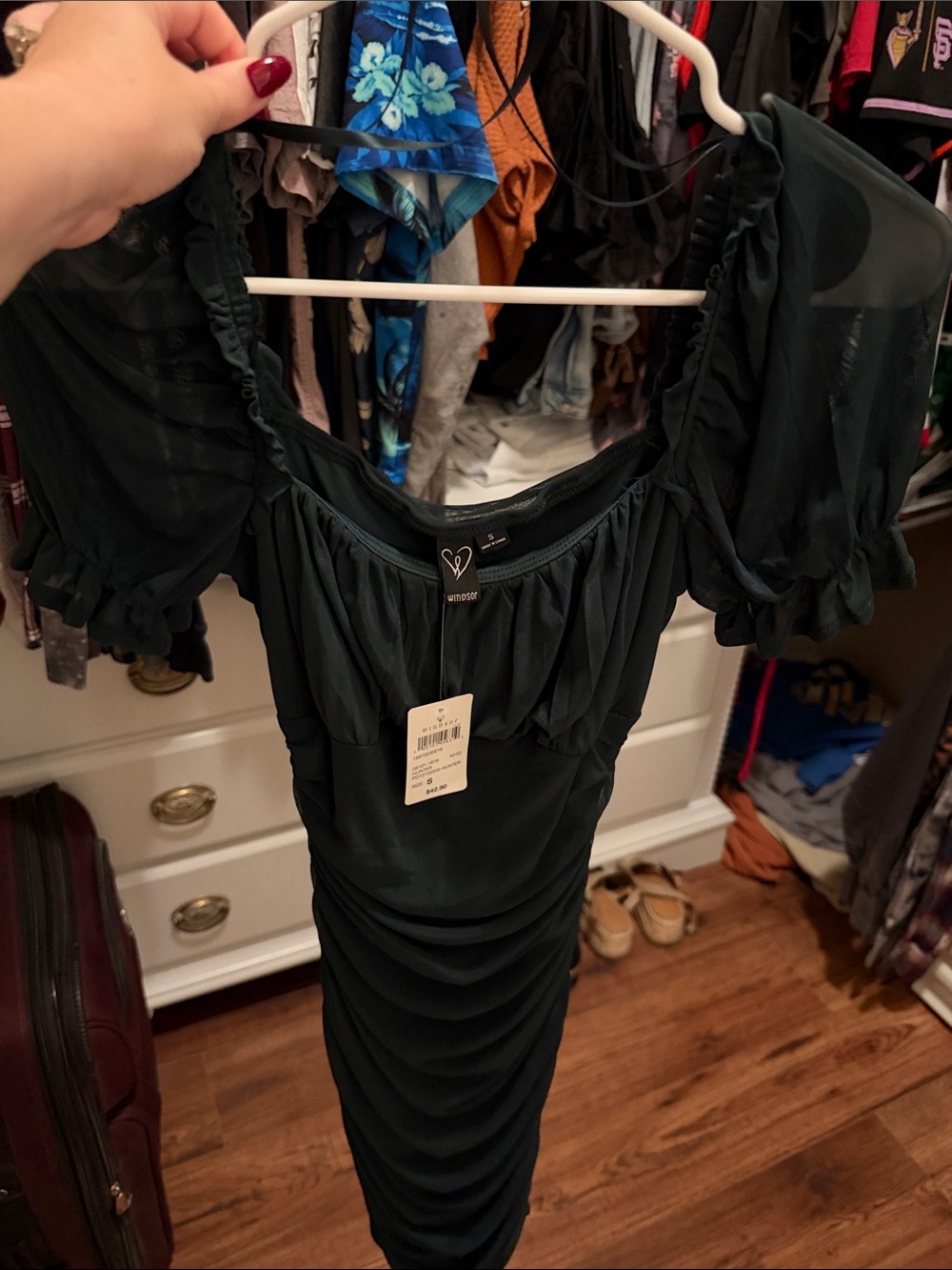 Hunter Dark Green Ruched Midi Dress with Puff Sleeves